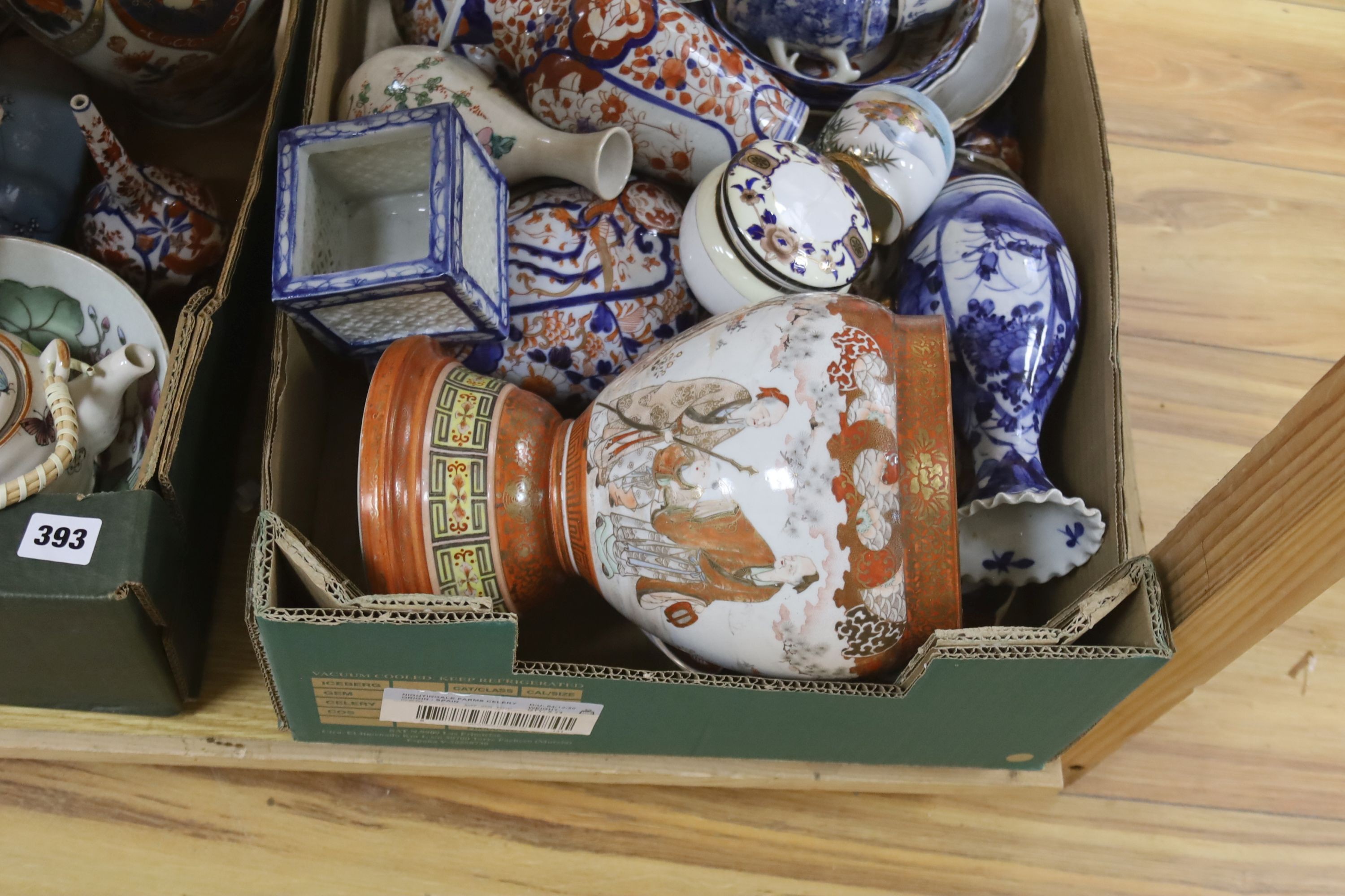 Two boxes of Japanese Imari, Kutani etc porcelain